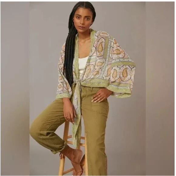 Anthropologie Sheer Tie Front Crop Kimono, One Size - Picture 3 of 10